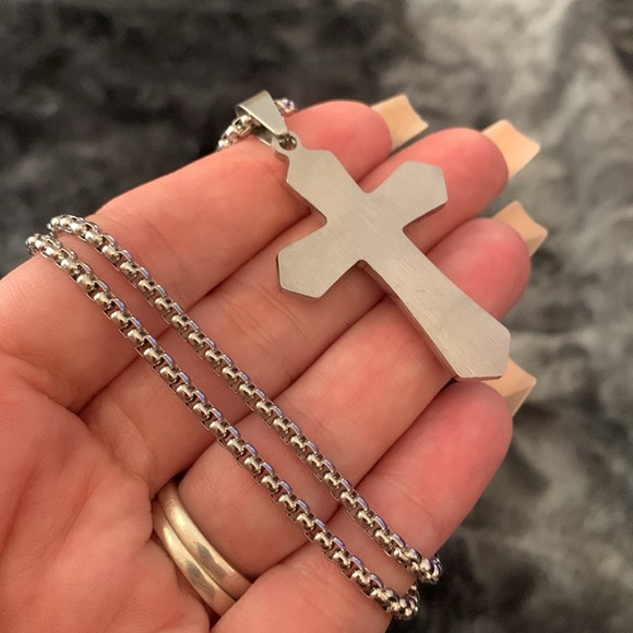 Men’s Two-Tone Cross Pendant Necklace with CZ Stones – Stainless Steel Chain - Picture 7 of 9